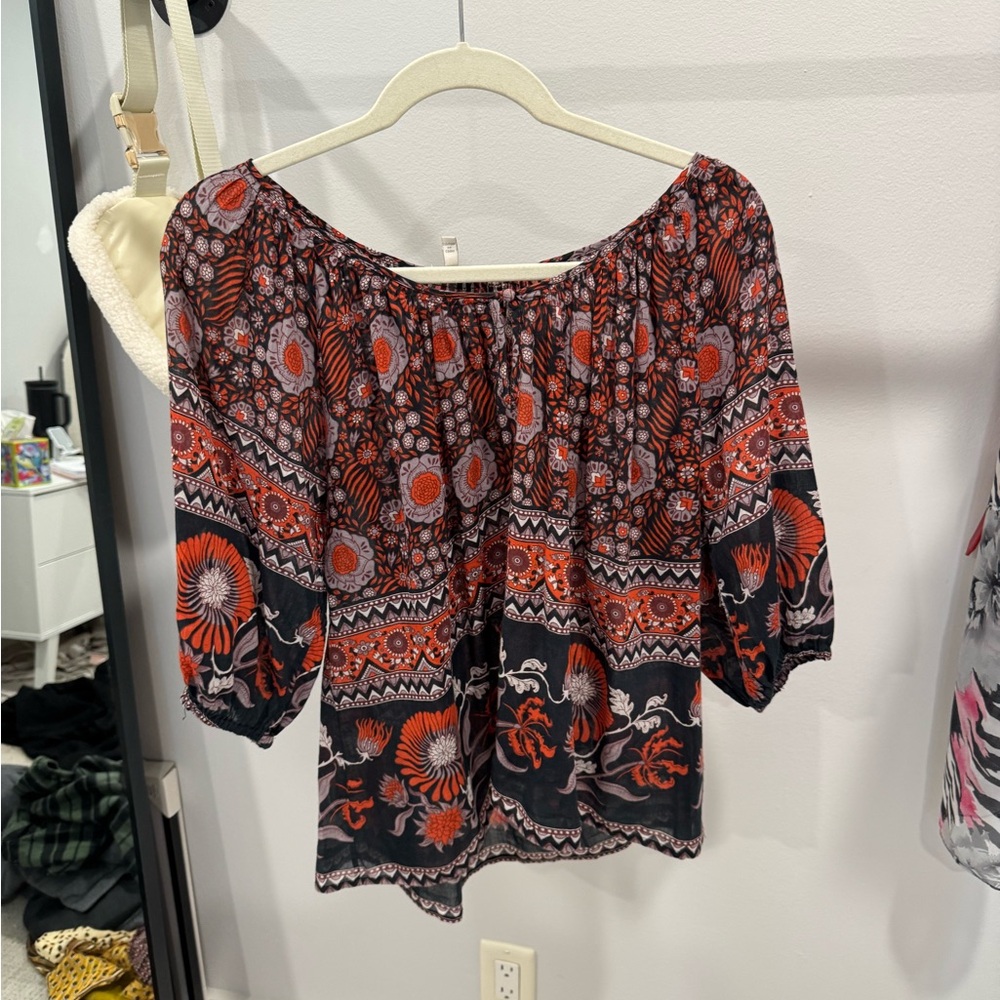 Joie Red and Black Flutter Sleeve Blouse Ruffled Relaxed
